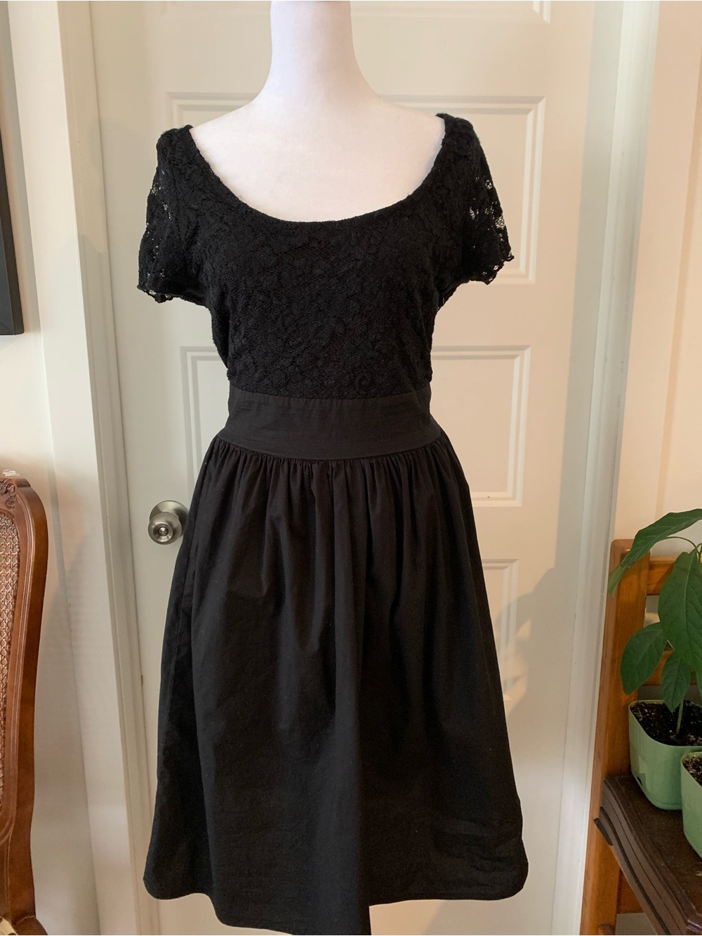 Candy Couture , Women's Classic Black Lace Bodice Midi Dress
